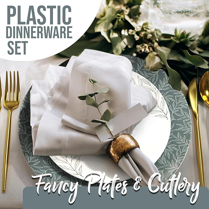 Trendables Fancy Plastic Dinnerware Sets 200 Pc Set 40 Guests Gold Silverware Disposable 40 X 10 Inch Charger Plates 40 X 8 Inch Dessert Plates 40 x Gold Plastic Forks and Spoons Knives In Aleh
