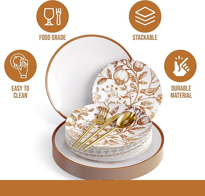 Trendables Fancy Plastic Dinnerware Sets 100 Pc Set 20 Guests Gold Silverware Disposable 20 X 10 Inch Charger Plates 20 X 8 Inch Dessert Plates 20 x Gold Plastic Forks and Spoons Knives In Pomegranate