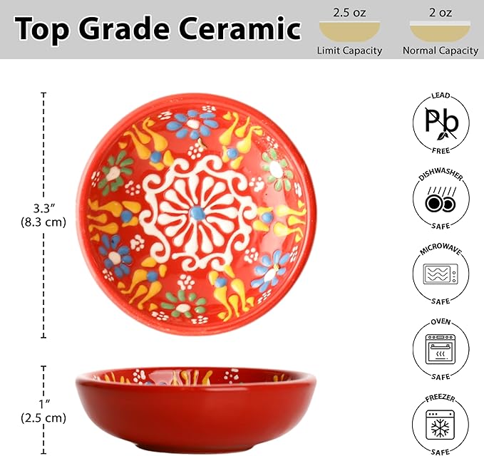 Ceramic Small Bowls, Dipping Bowls Set of 6, 2.5 Oz Soy Sauce Dish, Handmade Charcuterie Bowls, Colorful Pinch Bowls, Dishwasher & Microwave Safe Sauce Bowls, 3.3" Mini Bowls (SULTAN'S GARDEN)