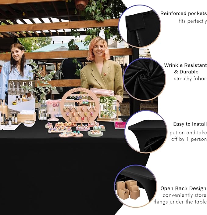 Nasitos 2 Pack Spandex Fitted Black Tablecloth for 4 Foot Tables-Open Back Folding Table Cover Washable Fabric Stretch, Tight and Wrinkle Resistant Table Protector for Trade Show, Craft Show, Events