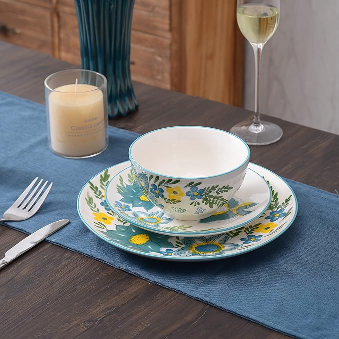HomePop Ceramic 12-Pieces Dinnerware Sets,Dish Plates and Bowls Sets - Blue Turquoise