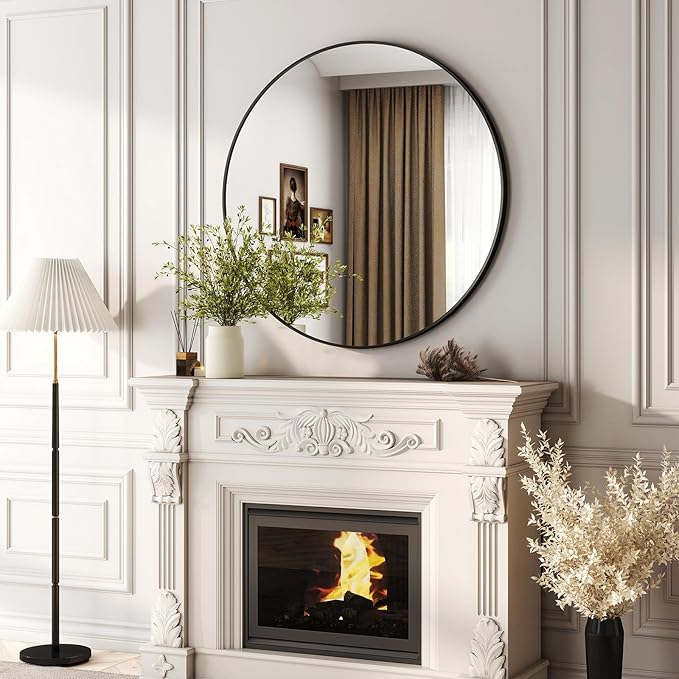 48 Inch Round Bathroom Mirror - Black Wall Mounted Circle Mirror with Metal Frame, Modern Round Hanging Mirror Suitable for Bathroom, Vanity, Entryway, Living Room