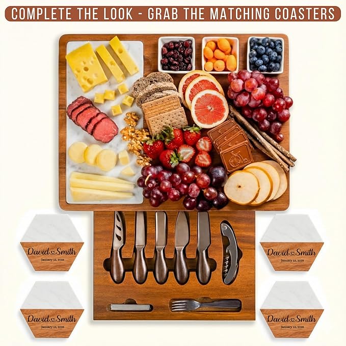 Personalized Charcuterie Board Set with Stainless Steel Knives – Wedding, Bridal Shower, Anniversary, Engagement, Valentines Day Gifts for Her, Him, Housewarming, Gift for Couples, Custom Gifts