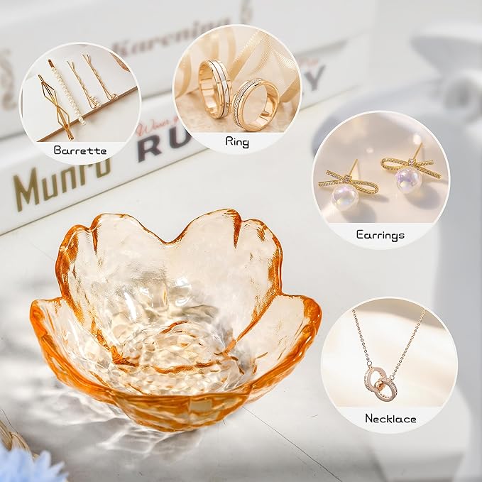 Cherry Blossom Glass Ring Holder Dish, Decorative Jewelry Trinket Rings Earrings Keys Storage Organizer Tray(Champagne)
