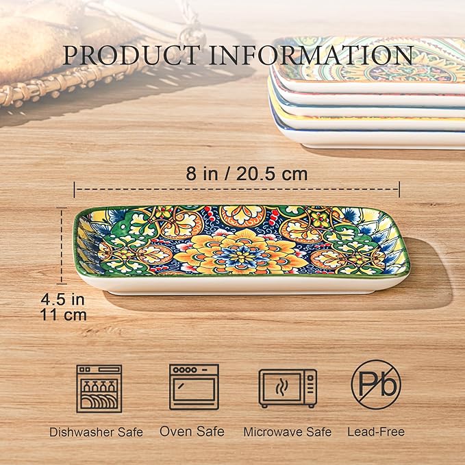 Henten Home Porcelain 8 Inch Dessert Plates, Ceramic Rectangular Salad Plate Set of 6, Bohemian Serving Dishes for Sushi, Appetizer, Cake, Sashimi, Microwave & Dishwasher Safe