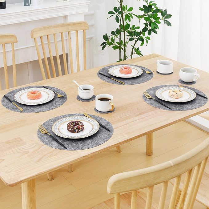 Homaxy Round Faux Leather Placemats and Coasters, Washable Dual-Side Table Mats, Wipeable Heat-Resistant Dining Place Mats for Outdoor and Indoor, Set of 6, Diameter 13 and 3.93 inch, Black & White