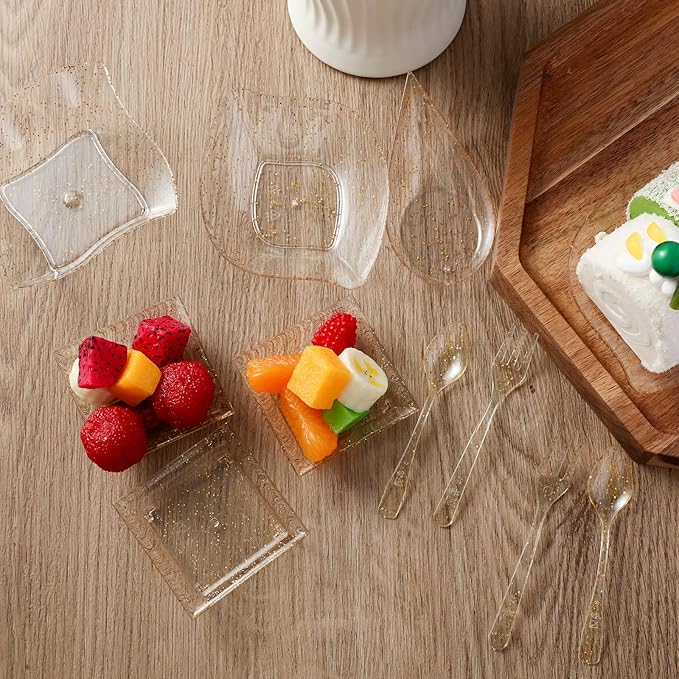 Tessco 800 Pcs Mini Appetizer Plates Set Including 400 Disposable Dessert Plates Assorted Shape 200 Mini Plastic Forks 200 Plastic Spoons for Party(Clear, Gold,Glitter)