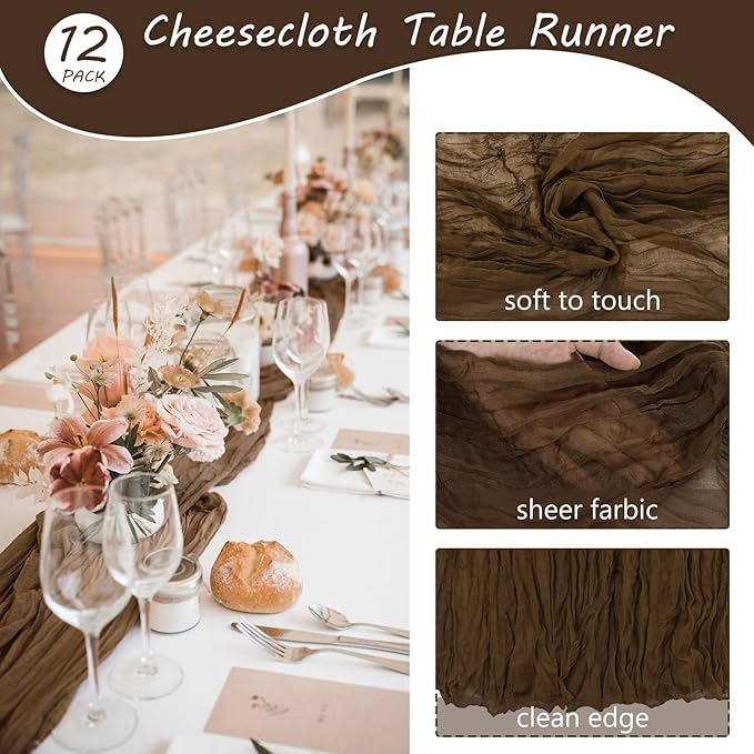 12 Pack 10Ft Cheesecloth Table Runner 35x120 Inch Boho Gauze Table Runner Rustic Cheese Cloth Long Romantic Table Runners for Wedding Bridal Shower Birthday Party Table Decor (Brown)