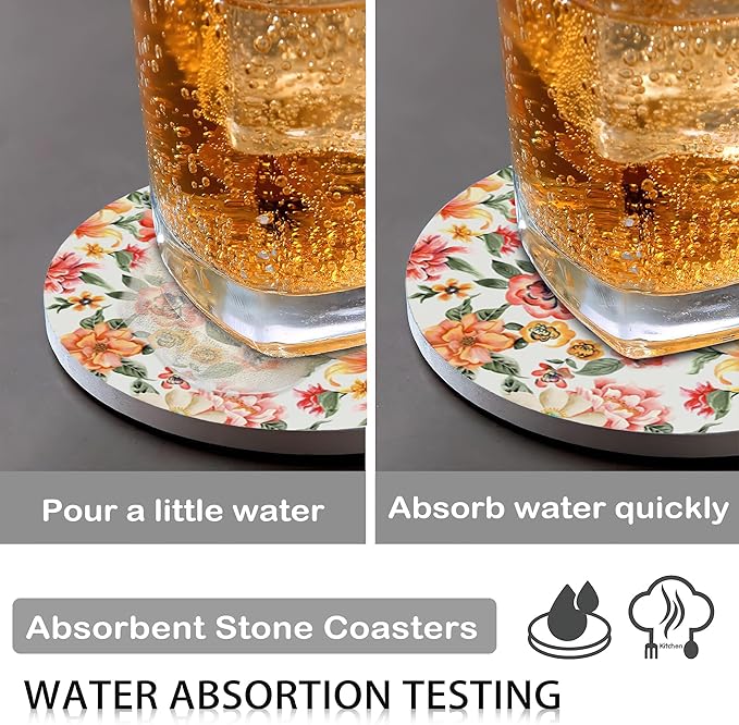 6 Pcs Drink Coasters with Holder,Abstract Flower Absorbent Round Ceramic Coaster for Tabletop Protection,for Coffee Cup Beverage Coasters Wine Beer Bar