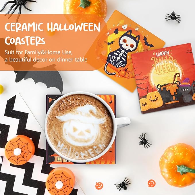 Halloween Coasters Absorbent Ceramic Coaster for Drinks with Black Holder and Cork Base Set of 4, Square Decorative Coffee Table Decor for House Warming Gifts New Home