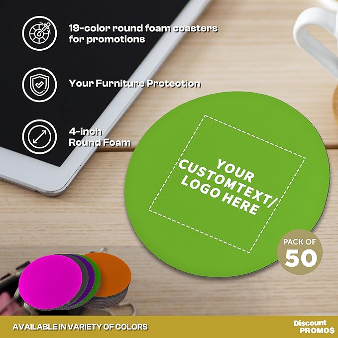 50 Round Foam Bud Coasters Pack, 4 inch - Customizable Text, Logo - PU Foam, Party Favor - Lime Green