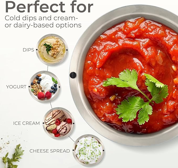 Vora 35oz Stainless Steel Dip Chiller Bowl Keep Dips, Salads, and Appetizers Perfectly Cold with a Double-Walled Ice Cavity Insulated Serving Bowl and Leak-Resistant Ice Bowl for Effortless Hosting.