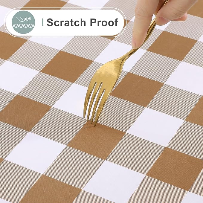 misaya Rectangle Waterproof Vinyl Table Cloth, Buffalo Flannel Backed Tablecloth, Wipeable Plastic Table Cover for Dinner, Kitchen, Outdoor (52" x 70", Brown and White)