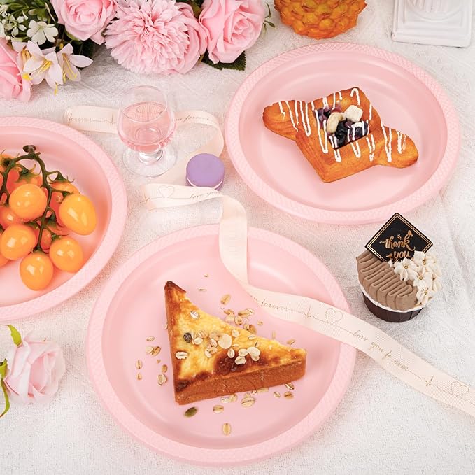 WELLIFE Pink Plastic Plates 9 Inch -150 Count for Party, Disposable Plastic Party Plates for Valentine's Day Easter Mother's Day Baby Shower Dinner Dessert Cake Light Pink