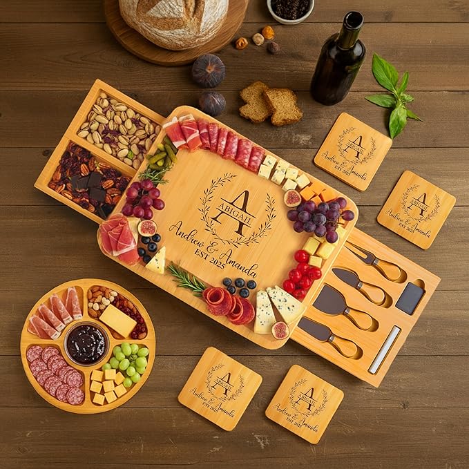 Personalized Bamboo Charcuterie Board Set with Fruit Tray - Housewarming, New Home, Gift for Couples, Wedding, Anniversary, Birthday, Bridal Shower, Women, Men, Valentines Day Gifts for Her, Him