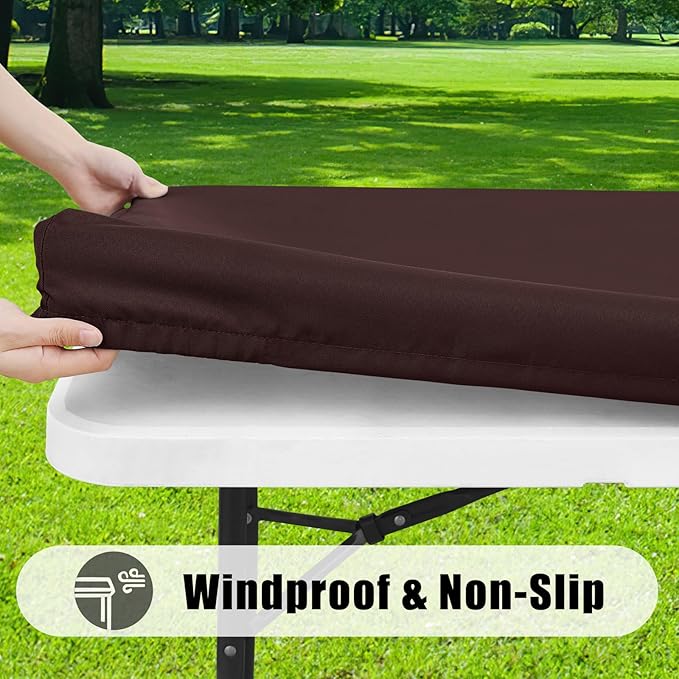 Smiry Rectangle Picnic Table Cloth, Waterproof Elastic Fitted Tablecloths for 8 Foot Tables, Washable Polyester Table Cover for Camping, Indoor and Outdoor (Coffee, 30"x96")