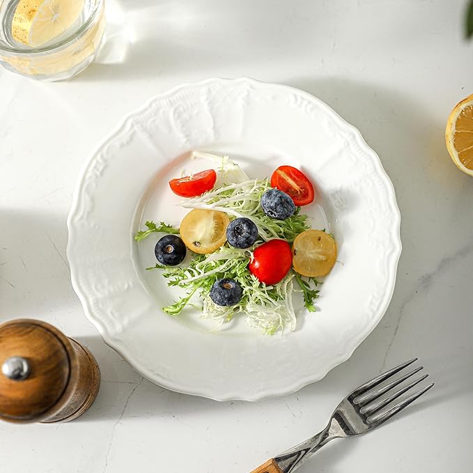 Neaylfe 8 Piece Embossed Ceramic Appetizer & Dessert Plates, 7.4 Inch White Round Dinner Plates for Salad, Snack, White Kitchen Dinnerware Dishes Set, Dishwasher & Microwave Safe