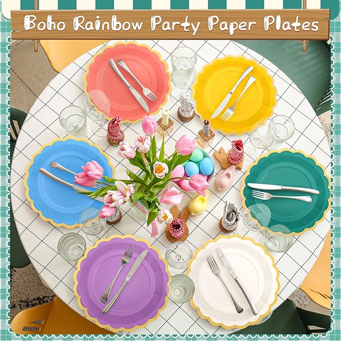 96 Pcs Boho Rainbow Paper Plates 9 Inch Colorful Scalloped Paper Plates Disposable Dinner Dessert for Birthday Wedding Bridal Party Supplies, 6 Colors