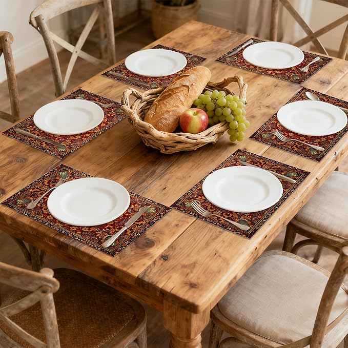 Ethnic Boho Placemats Set of 6, Southwest Orange Blue Teal Carpet Woven Texture Linen Washable Table Mats for Christmas, Thanksgiving, Party, and Dining 12x18 in