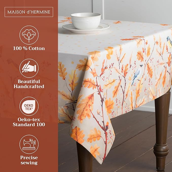 Maison d' Hermine Table Cloth Rectangle Table 100% Cotton 70 x 120 Inches Fall Tablecloth Reusable Everyday Use for Thanksgiving Christmas Decorations Dining Farmhouse Party (Oak Leaves)