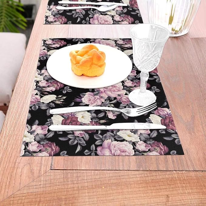Vintage Floral Placemats Set of 6 Pink Rose Peony Flower Blossom Black Wipeable Table Mats Reusable Washable PVC Rectangle Place Mats for Kitchen Dining Home Decor 12x18 Inches