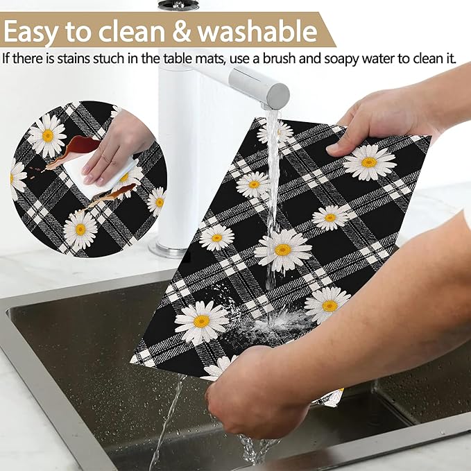 Daisy Floral 12x18 Inch Placemats Set of 6 - Waterproof, Non-Slip & Washable Table Mats for Kitchen & Dining Table Placemats