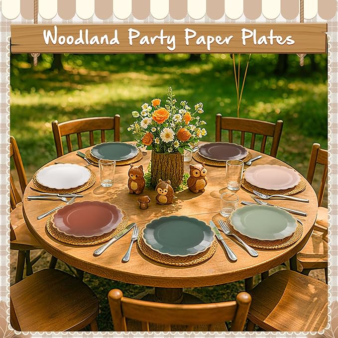 48 Pcs Woodland Green and Brown Paper Plates 9 Inch Gradient Scalloped Paper Disposable Dinner Dessert Plates for Birthday Wedding Bridal Party Supplies, 6 Colors