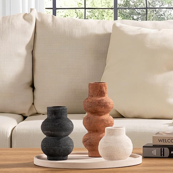 Ceramic Vase Home Table Decor - Flower Vase Set of 3 Living Room Kitchen Decorations Farmhouse Modern Rustic Vases Decorative Centerpiece for Shelf Bedroom Office Bathroom Dining Coffee Desk