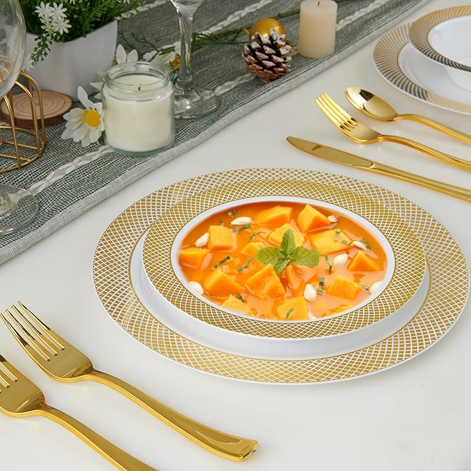 JOLLY CHEF 50 Pack Plastic Bowls with Gold Rim, 12 oz Disposable Soup Bowls, Heavy Duty Plastic Dinner Bowl for Weddings, Party, Dinners, Catering, Christmas and Everyday Use