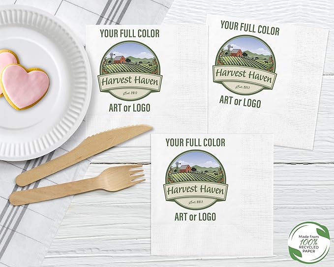 100% Recycled Custom Cocktail Napkins - Personalized 100% Recycled Napkins - Eco-friendly & Full-Color Digital Printed - Weddings, Events & Celebrations - Pack of 50 - Coin Edge Embossed, 5"x 5"