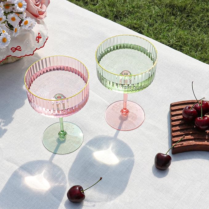XUWAIDSGN 12 Pcs Champagne Martini Glasses 9 Oz with Gilded Removable Gold Rim Coupe Glasses Pink Martini Glasses Plastic Mimosa Vintage Coupe Glasses Set For Wedding Anniversary (12, Pink & Green)