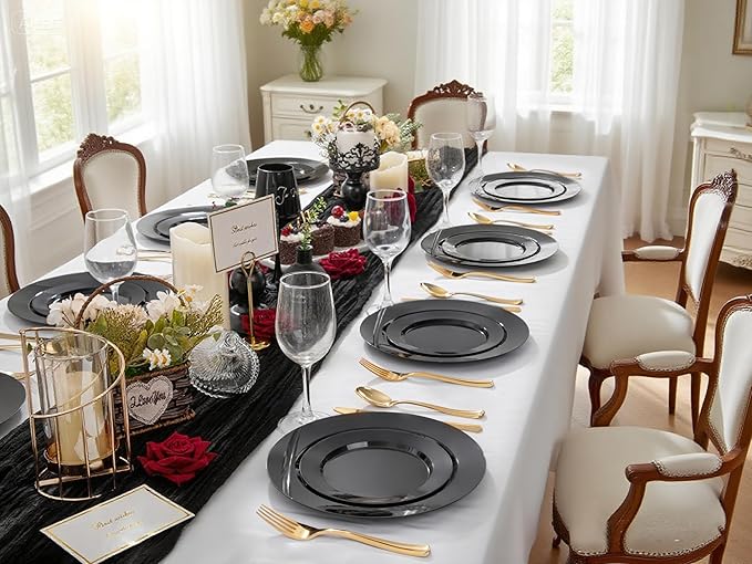 FLOWERCAT 200PCS Black Plastic Disposable Plates for Party - Black Plastic Plates - Serve for 100 Guests for New Year Parties and Birthday Events