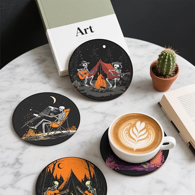 Halloween Skull Coasters Leather Round Drink Coasters 6 Pcs Set with Holderor for Cup Drink Coffee Table Bar Home Decor