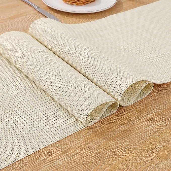 SHACOS Woven Vinyl Table Runner PVC Table Runners 12 x 54 inch Wipeable Plastic Heat Resistant Runner for Table Indoor Outdoor, Beige White