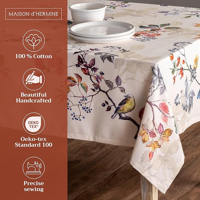 Maison d' Hermine Table Cloth Square Table 100% Cotton 54 x 54 Inches Fall Tablecloth Reusable Everyday Use for Thanksgiving Christmas Decorations Dining Farmhouse Party (Equinoxe - Beige)