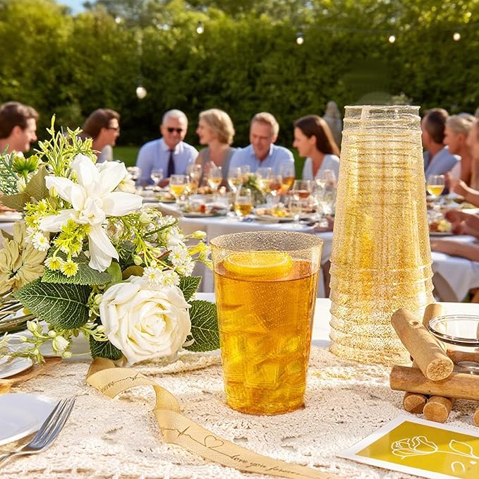 I00000 50 Pack 18 oz Gold Plastic Cups, Gold Glitter Cups Disposable Plastic Wine Glasses Cocktail Glasses Premium Cup, 18 Ounce Glitter Disposable Tumblers for Party & Wedding