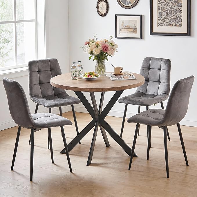 5-Piece Round Dining Table Set - Kitchen Table Chairs Set of 4 with Grey Velvet Upholstered Chairs -Dining Table Set for 4