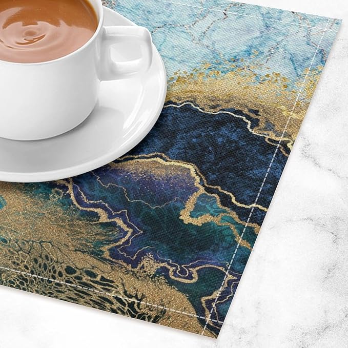 Marble Linen Placemats Set of 4, Modern Luxury Foil Cracked Texture Blue Gold Marble Washable Cloth Place Mats, Non-Slip Dining Table Placemats for Home Kitchen Party Banquets Decor 12x17 Inch