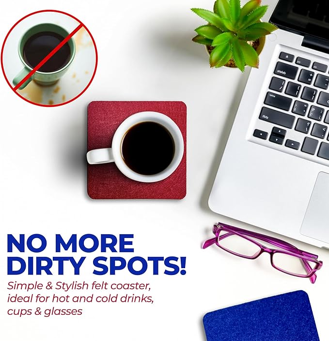 A&A Wonders Premium Felt Coasters for Drink, Two-Tone Reversible, Absorbent Felt Protects Furniture, Table, Anti Slip, Suitable for Drinks & All Table Types (Wine Red/Royal Blue, Square 12 Pack)