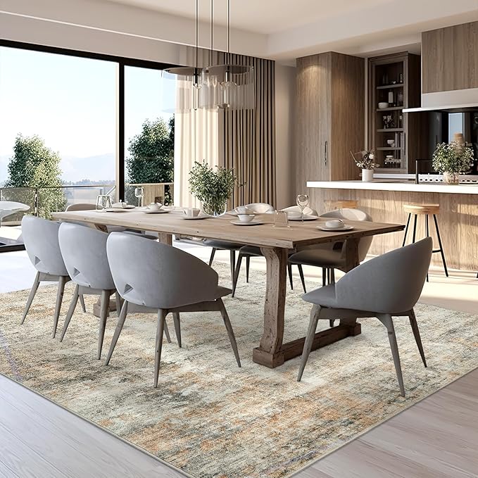 Abstract Rug 8x10 Large Living Room Rugs Neutral Modern Washable Area Rugs for Bedroom Dining Room Non-Slip Stain Resistant Foldable Thin Rug Brown Grey