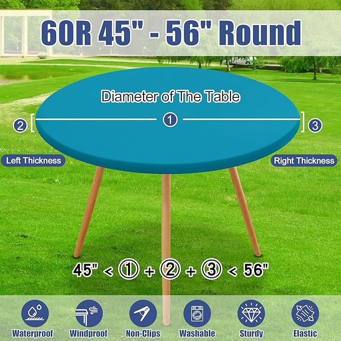 Round Spandex Tablecloth, Elastic Fitted Waterproof Tablecloths for 45"-56" Tables, Stretch Washable Picnic Table Cover for Camping, Dining, Indoor and Outdoor, Turquoise