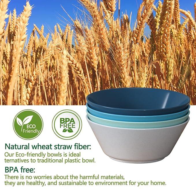Homestockplus 50 Oz Wheat Straw Bowls Set of 6 - Unbreakable, Stackable & Microwave Safe, Multicolor Large Cereal Bowls for Oatmeal, Soup, Ramen, Salad, Popcorn, etc. Safe for Kids & Family