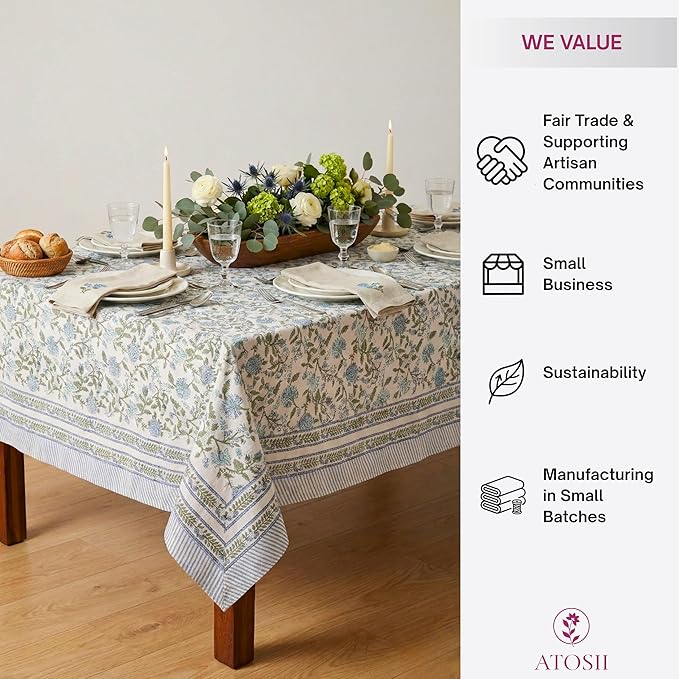 ATOSII Mahoka Blue 100% Cotton Fall Tablecloth, Handblock Floral Linen Table Cloth for Kitchen Dining Table I Parties Weddings Outdoors Easter Valentine's Gift I 60 X 108 Inches I 8 Seater