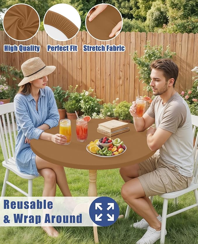 Round Spandex Tablecloth, Elastic Fitted Waterproof Tablecloths for 25"-30" Tables, Stretch Washable Picnic Table Cover for Camping, Dining, Indoor and Outdoor,Brown