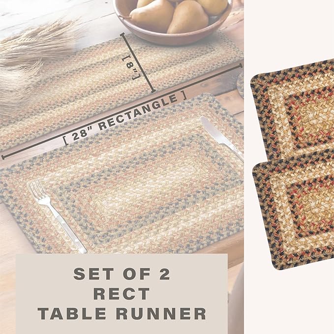 Homespice Russet Jute Braided Short Table Runner, Warm Country Decor, Set of 2, Multicolor Rectangle 8x28 - Rich Colors, Easy to Clean, Durable and Protects Furniture