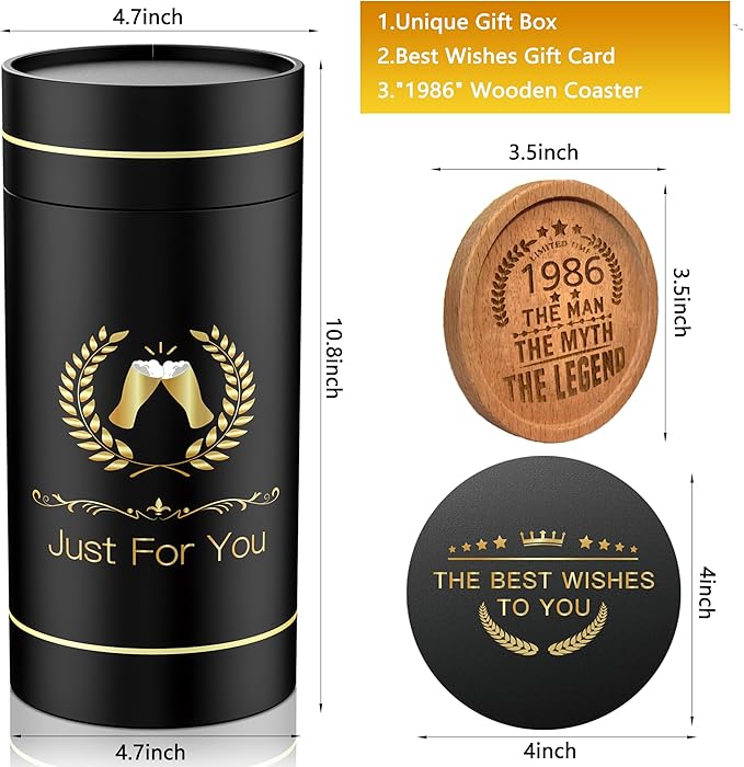 40th Birthday Beer Glasses Gifts, Personalized '1986' Vintage Glass Ware Set for Men, Black Gift Package with Drinking Glass, Coaster, and Card for 40 Years Old Man