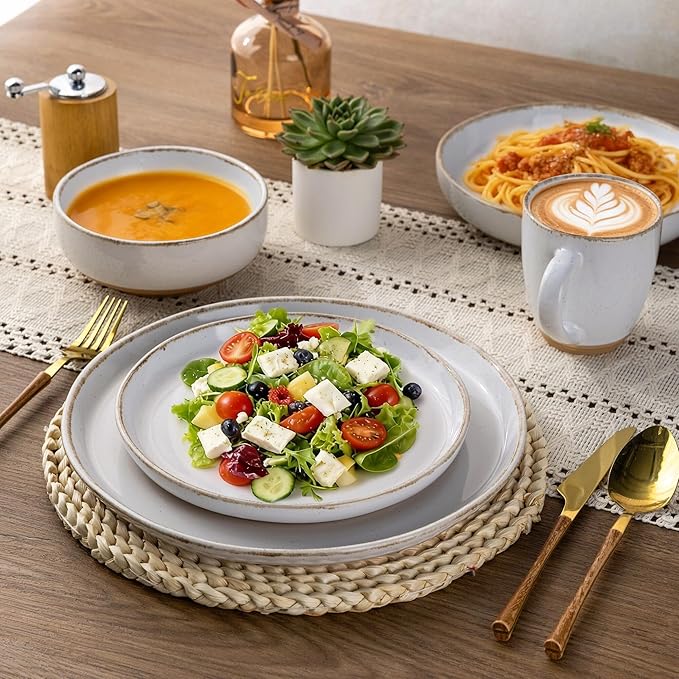 AmorArc Ceramic Dinnerware Sets with Pasta Bowls for 4, Handpainted Plates and Bowls Set with Rustic Terracotta Underside, Scratch Resistant Dishes Set, Dishwasher & Microwave Safe, 16 Pcs-White