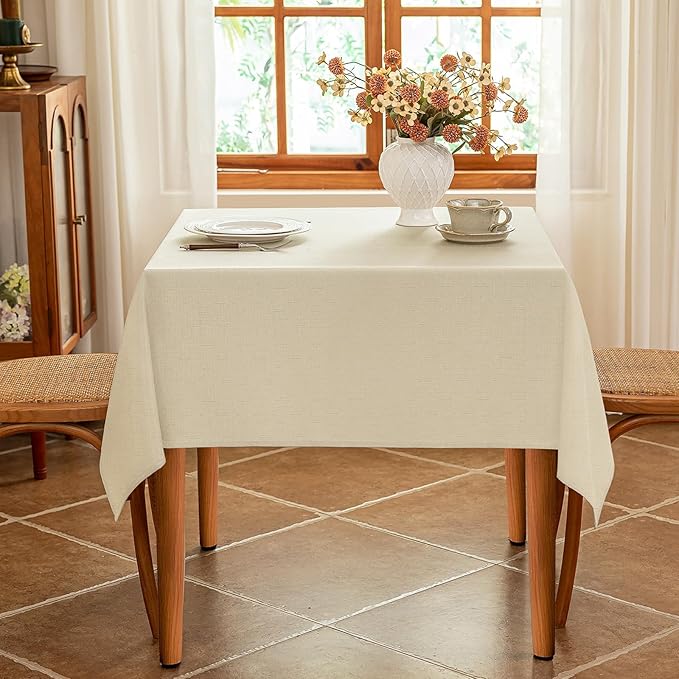 Beige Fabric 52 x 52 Inch Square Tablecloth Faux Linen Textured Water Resistant & Wipeable Card Table Cloth Reusable for Dining Kitchen Patio