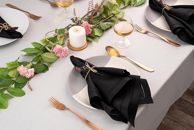 D'Moksha Homes Black Linen Napkins Set of 6 - Classic Hemstitch 100% Pure Linen Hemstitch Dinner Napkins 20 x 20 Inch for Spring, Easter - Handcrafted and Machine Washable