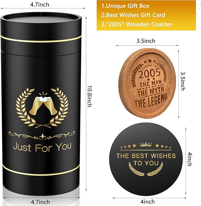 21st Birthday Beer Glasses Gifts, Personalized '2005' Vintage Glass Ware Set for Men, Black Gift Package with Drinking Glass, Coaster, and Card for 21 Years Old Man